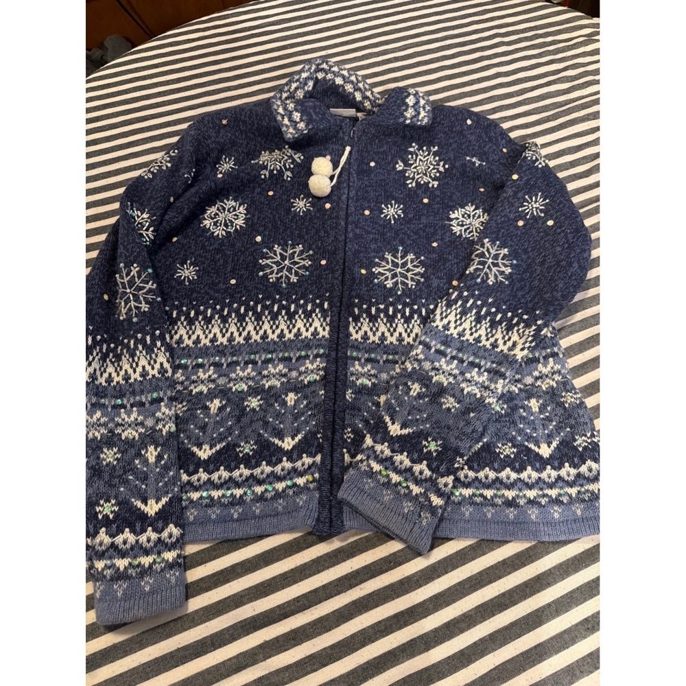 Carolina Colours Blue Snowflake Beaded Fair Isle Full Zip Cardigan Sweater L